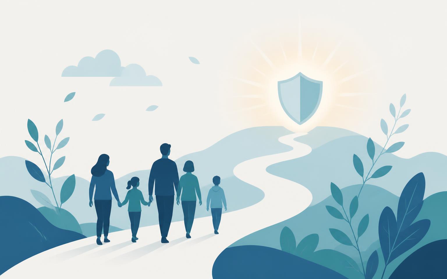Illustration apaisante : des personnes marchent ensemble sur un chemin vers un bouclier lumineux