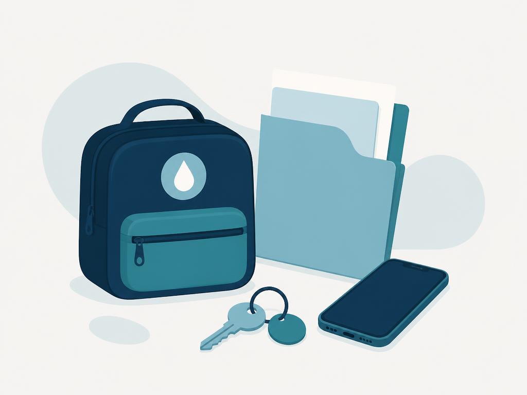 Illustration : un sac préparé, un dossier de documents, des clés et un téléphone